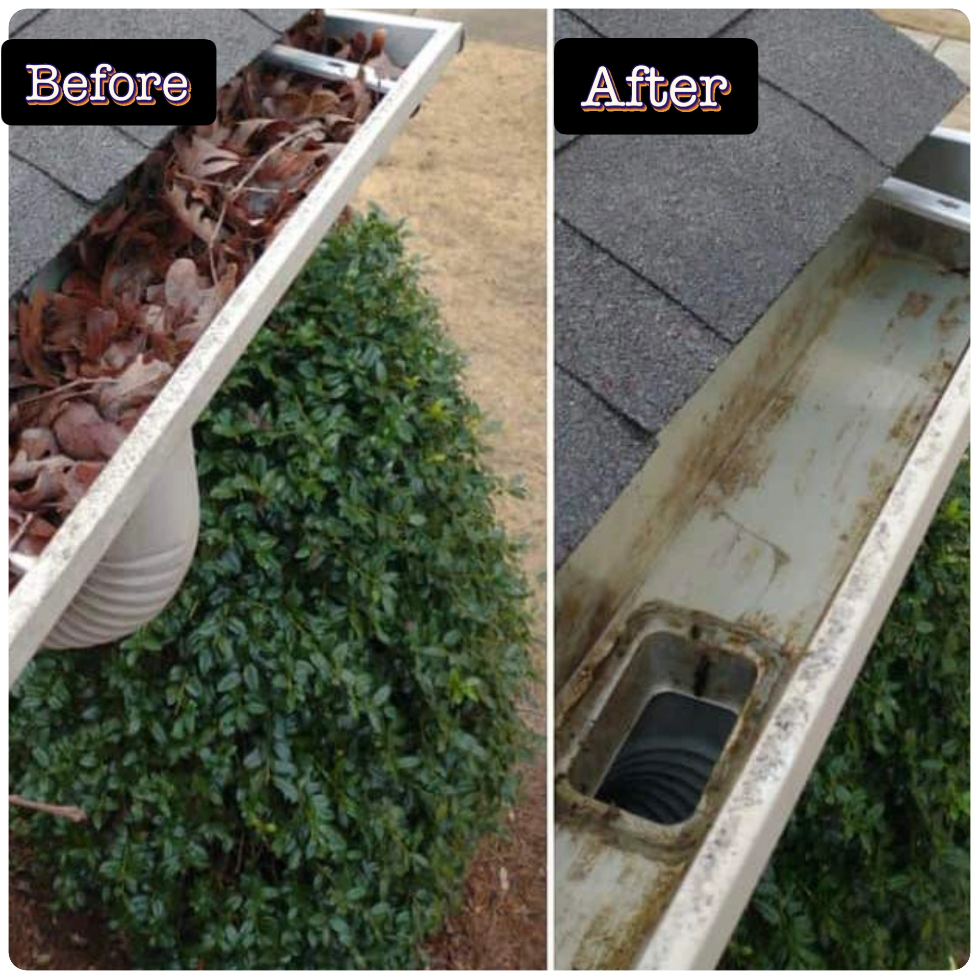 Before and after gutter cleaning service showing clogged gutters cleaned out for improved drainage and downspout flow