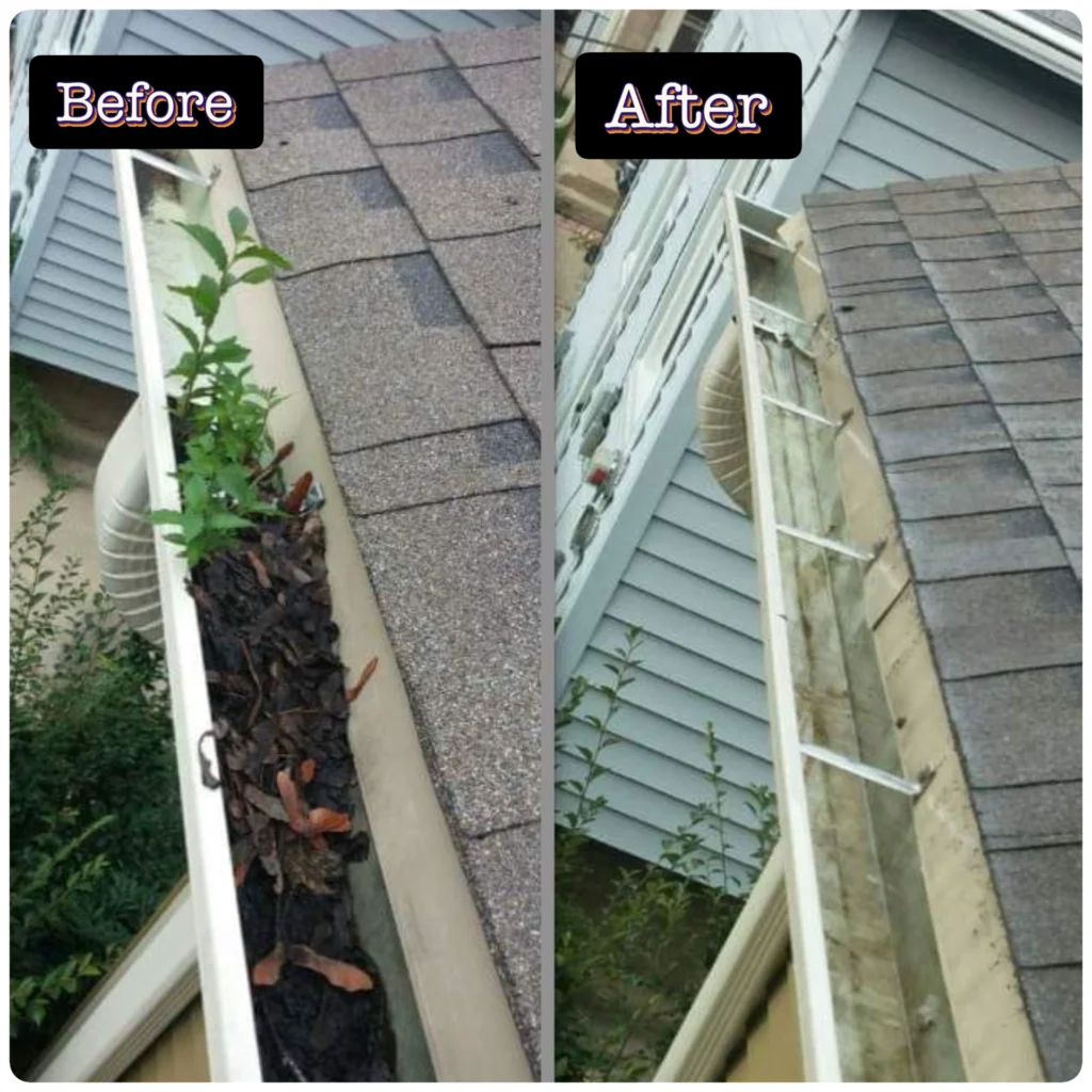 Before and after of a gutter full of plants and debris cleared by All Season Continuous Gutters & Roof Care