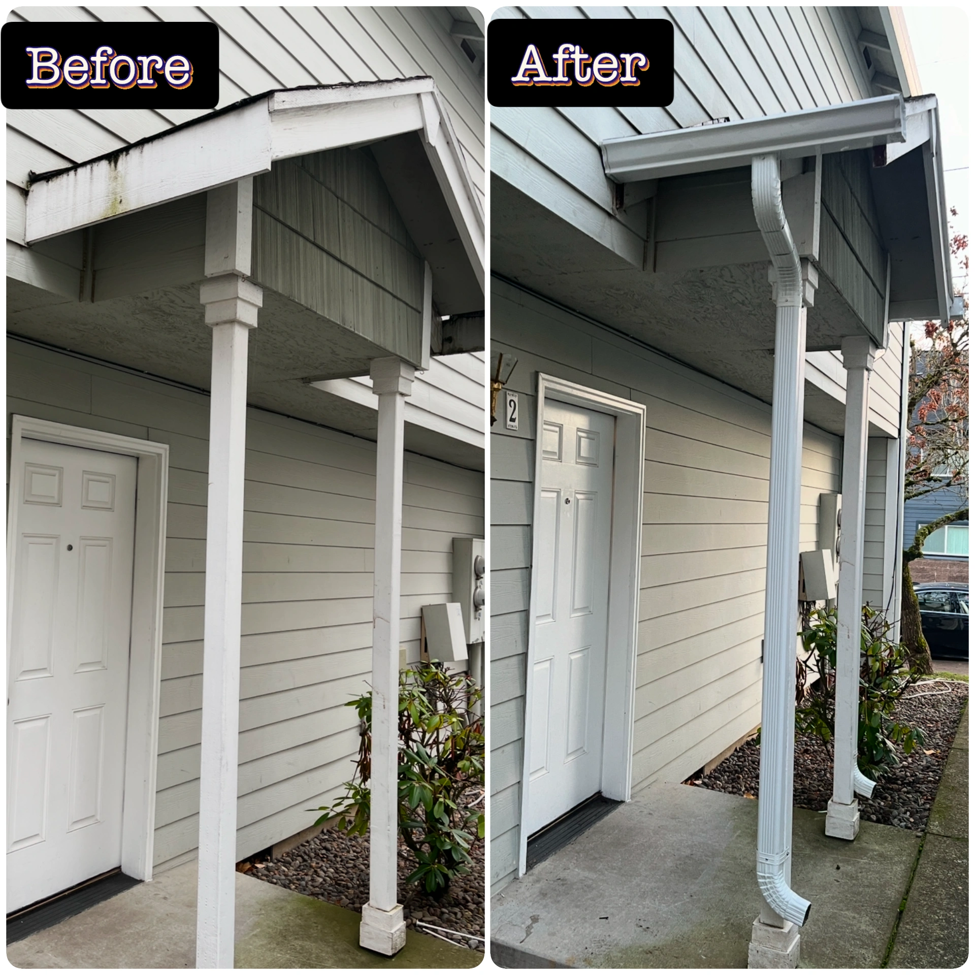 Before and after front porch gutter repair service showing cleaned fascia area and improved gutter appearance
