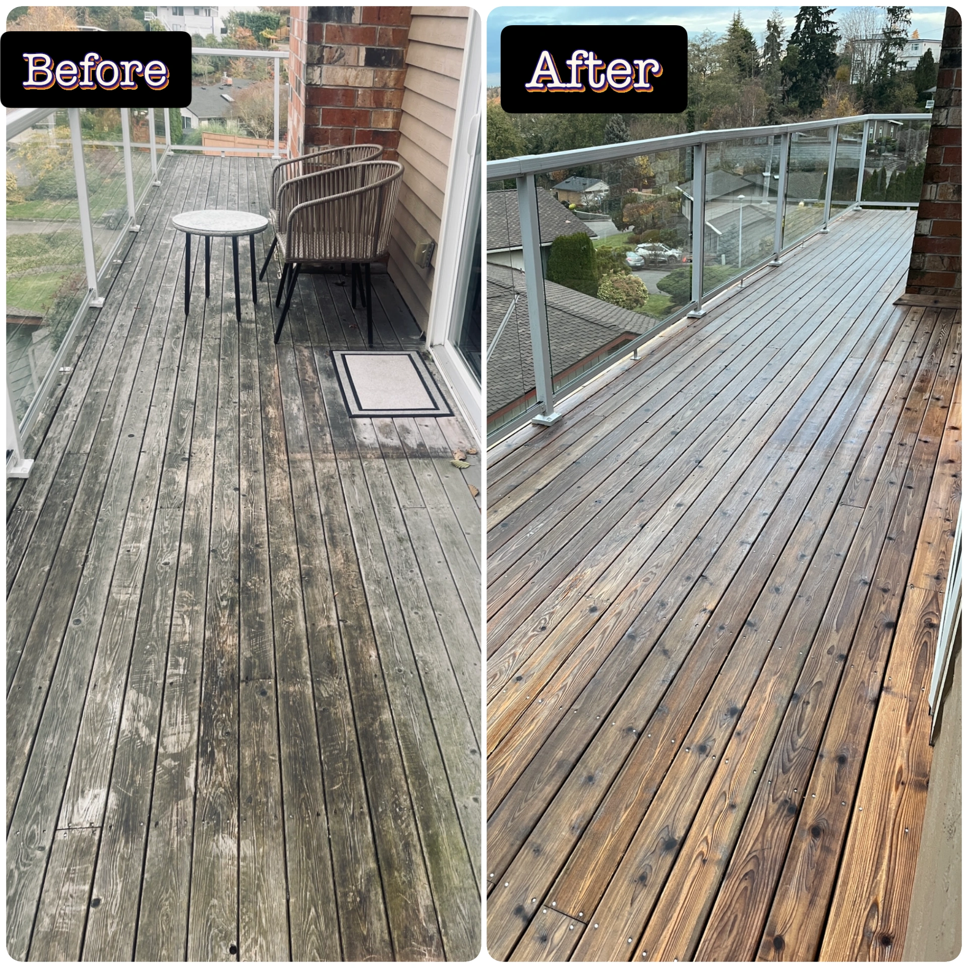 Before and after deck restoration service showing cleaned wood decking and refreshed outdoor living space