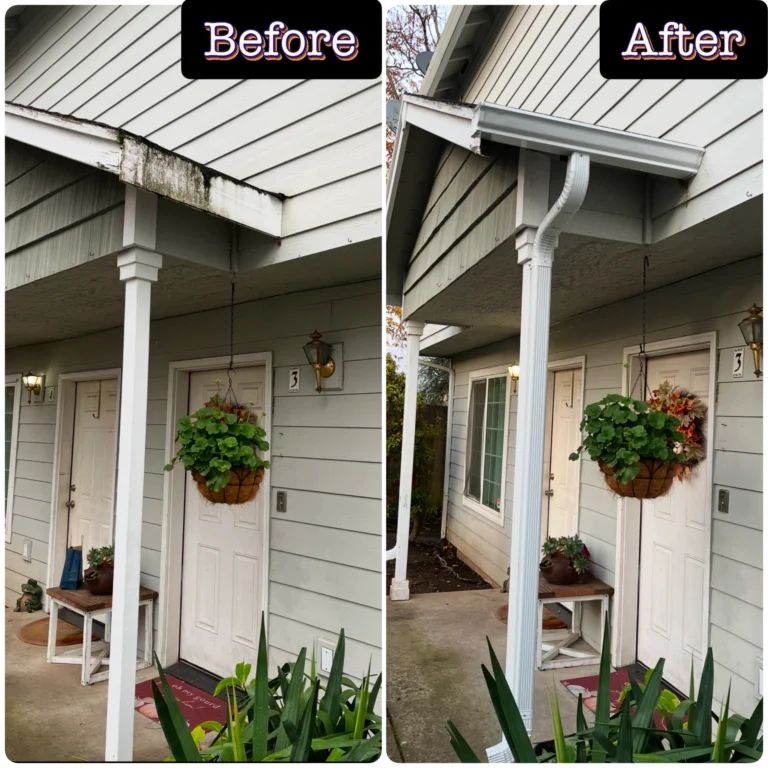 Before and after new gutter and downspout installation on a front porch roofline in Washington | All Season Continuous Gutters & Roof Care