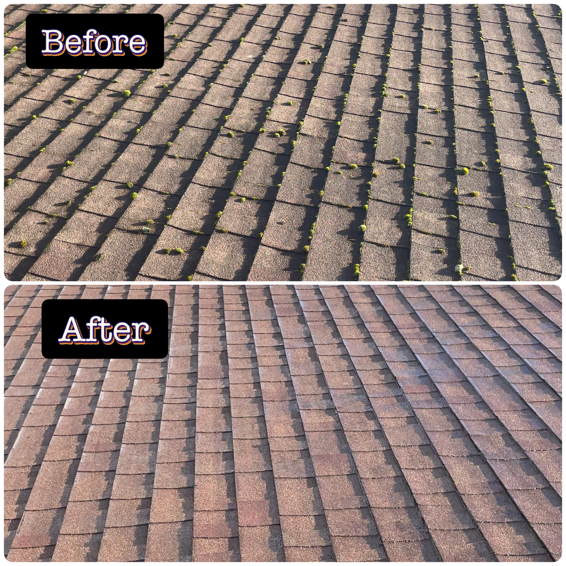 Before and after roof and gutter cleaning service showing roof moss cleanup and improved exterior maintenance