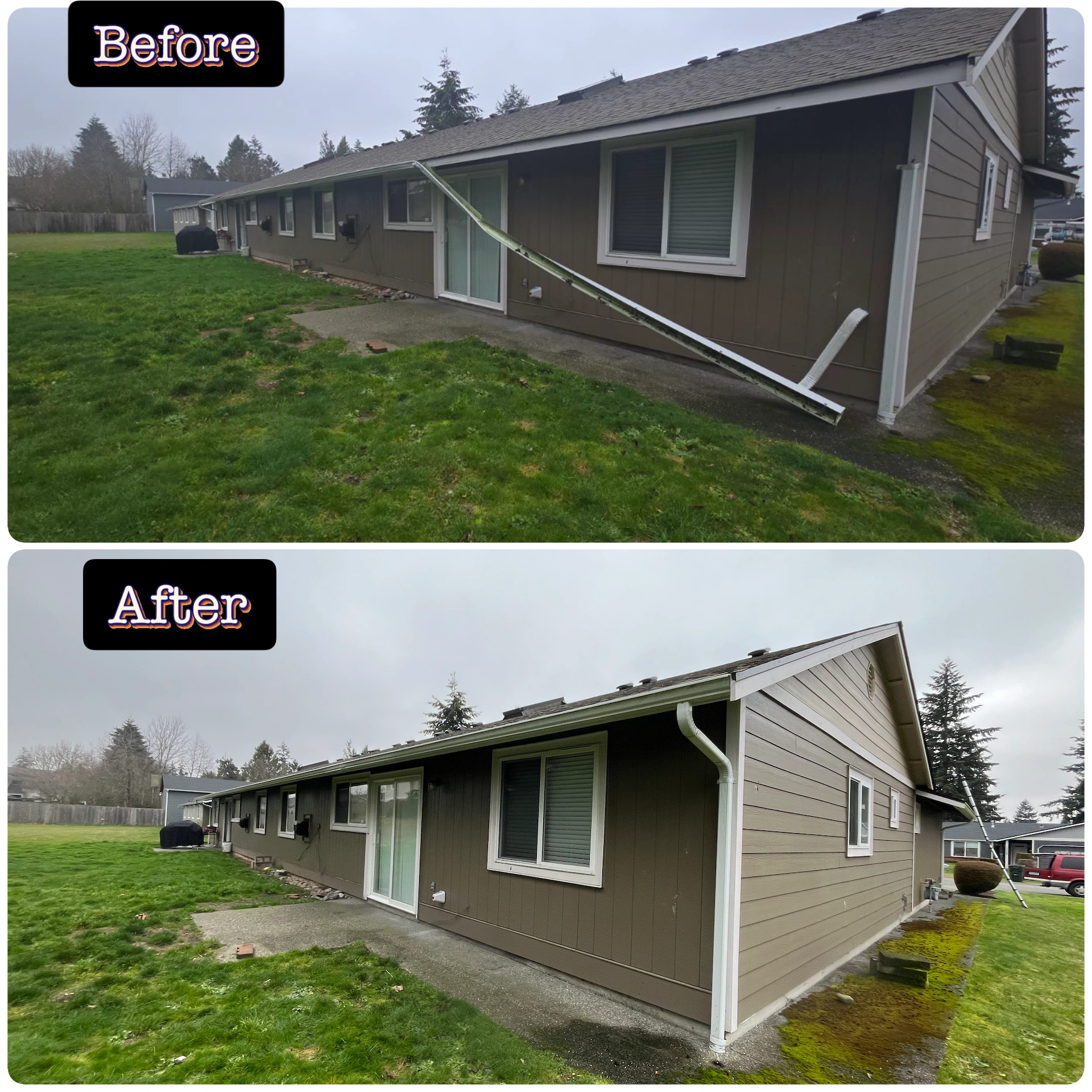 Before and after gutter and downspout repair service showing improved drainage along a Washington home