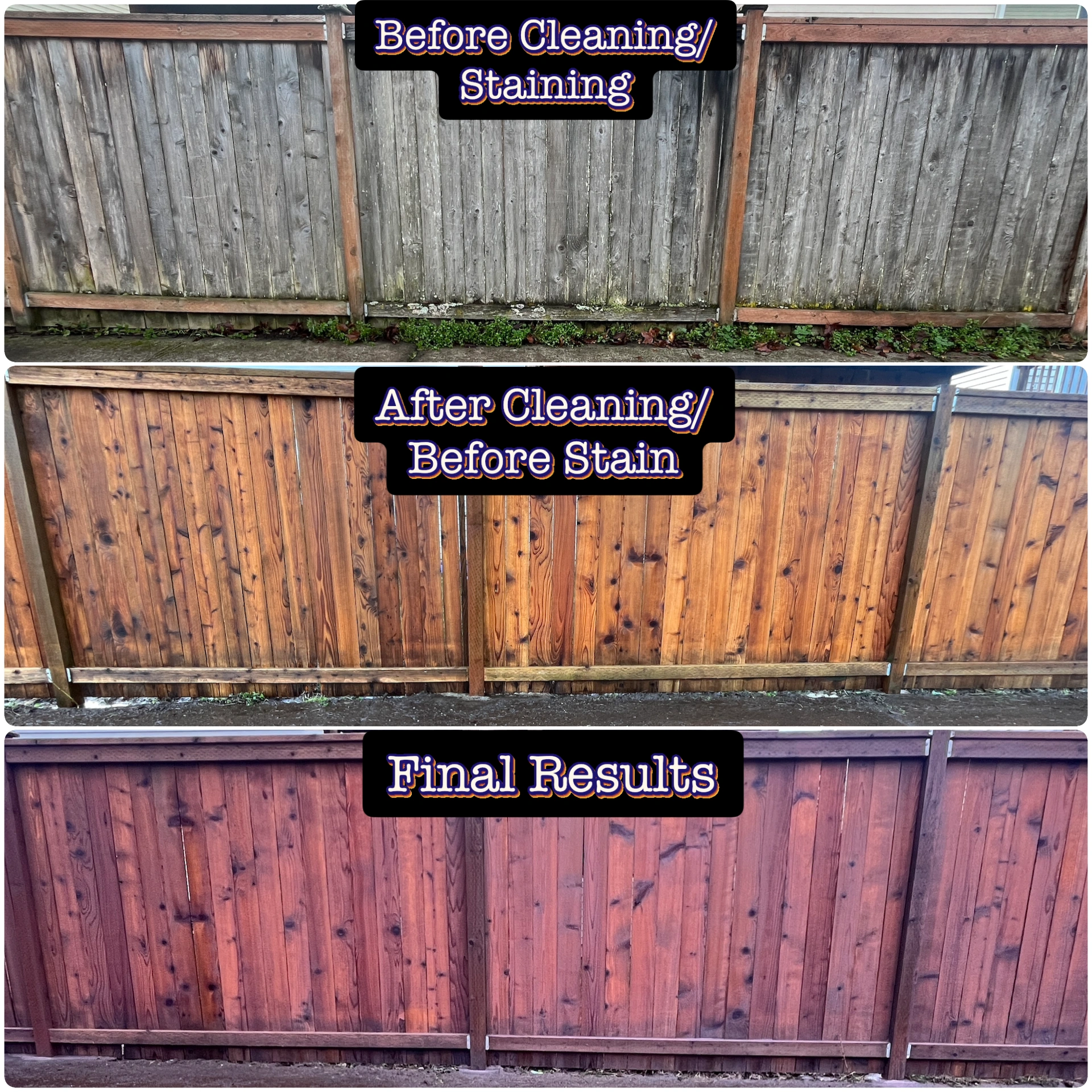 Before and after fence restoration service showing cleaned wood fencing and refreshed stain color