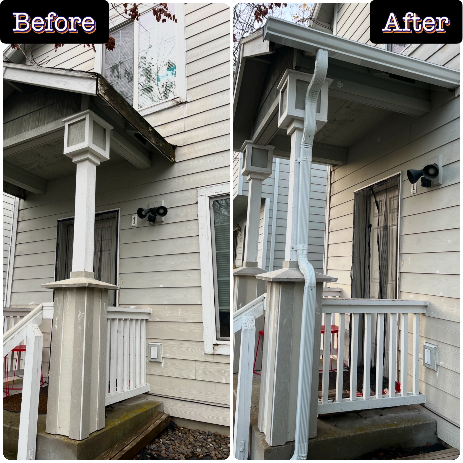 Before and after front porch gutter repair and installation service showing upgraded gutters and improved roofline drainage