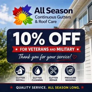 10% off gutter services for veterans and military in Tacoma and Seattle | All Season Continuous Gutters & Roof Care