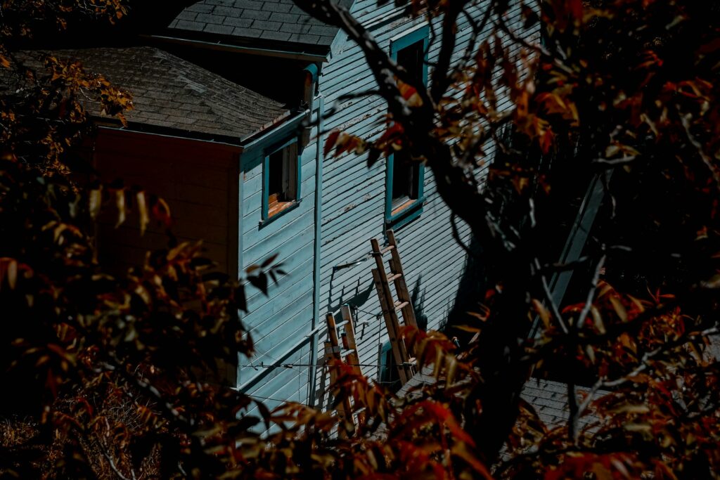 Two wooden ladders leaning against light blue house siding framed by autumn leaves