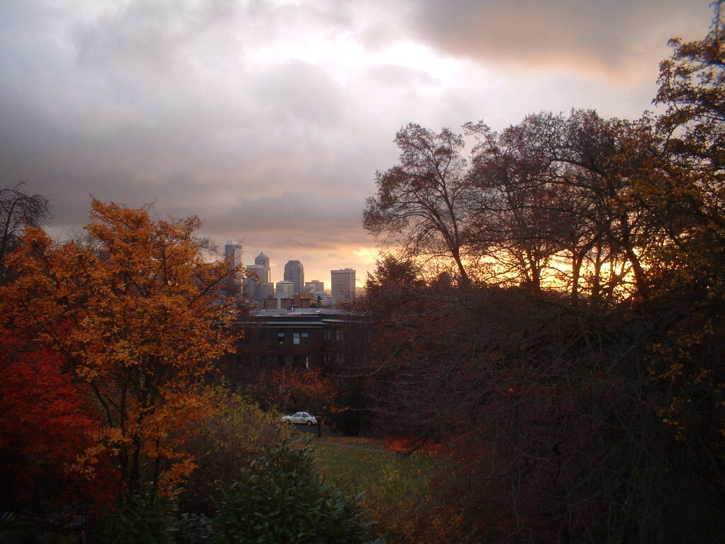 Fall color in Volunteer Park on Capitol Hill with downtown Seattle under rain clouds
