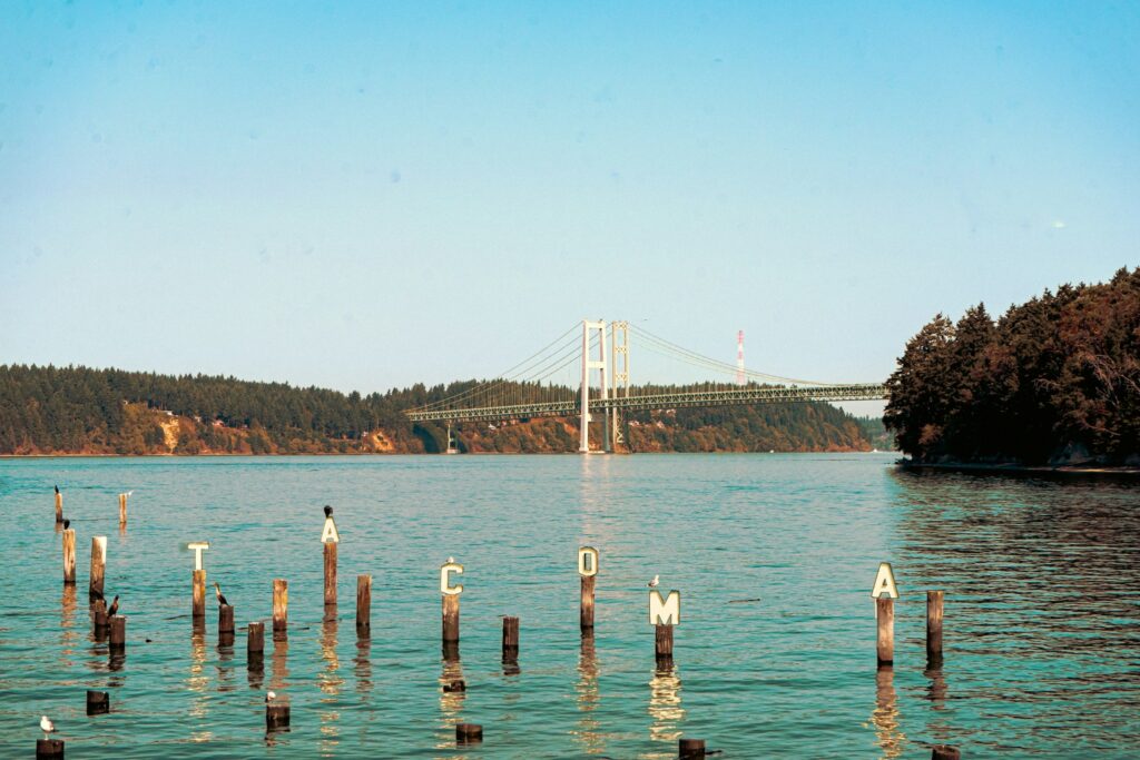 Tacoma Narrows Bridge seen across the water from the Tacoma shoreline